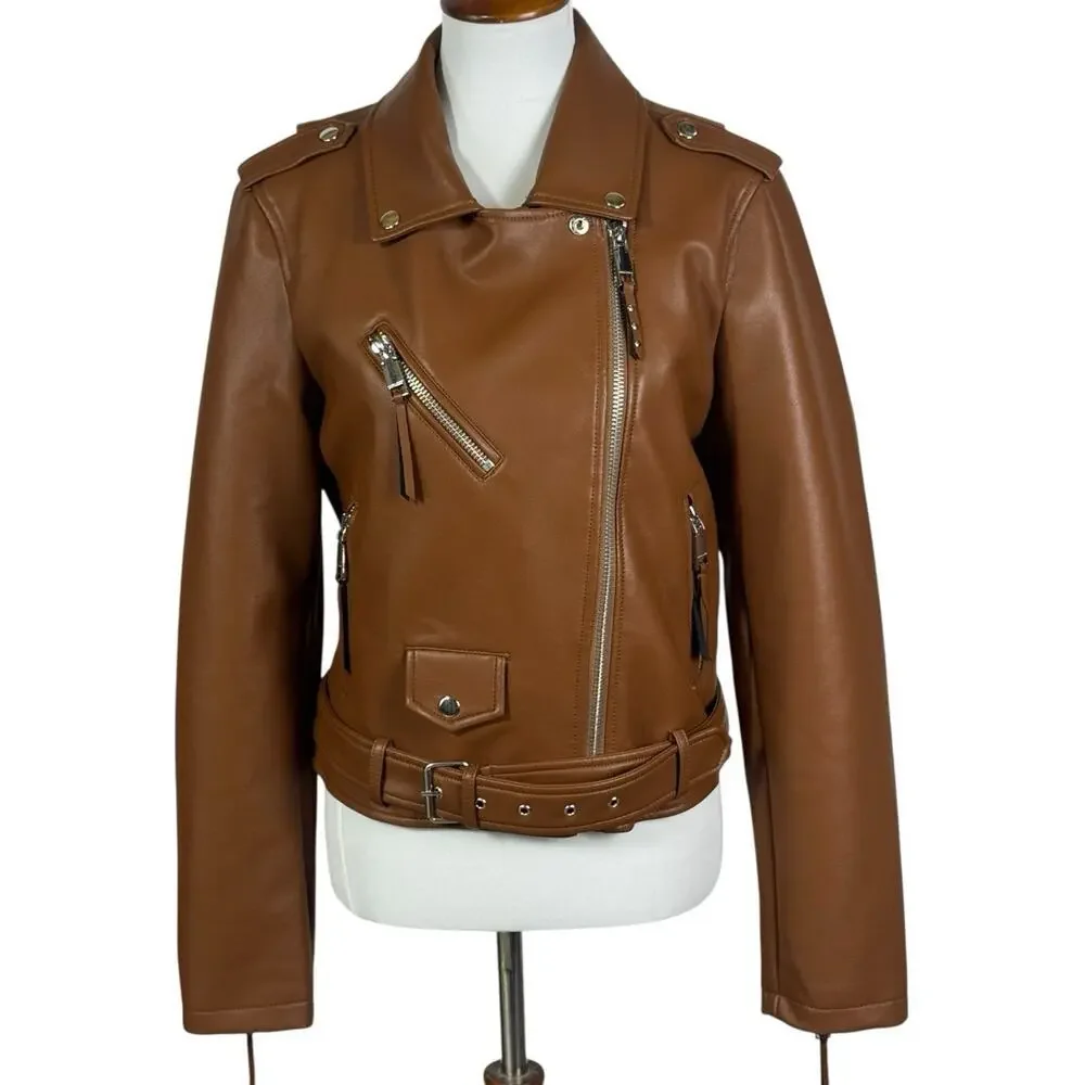 Rebecca Minkoff Women’s Brown Jeff Moto Vegan Leather Jacket Medium